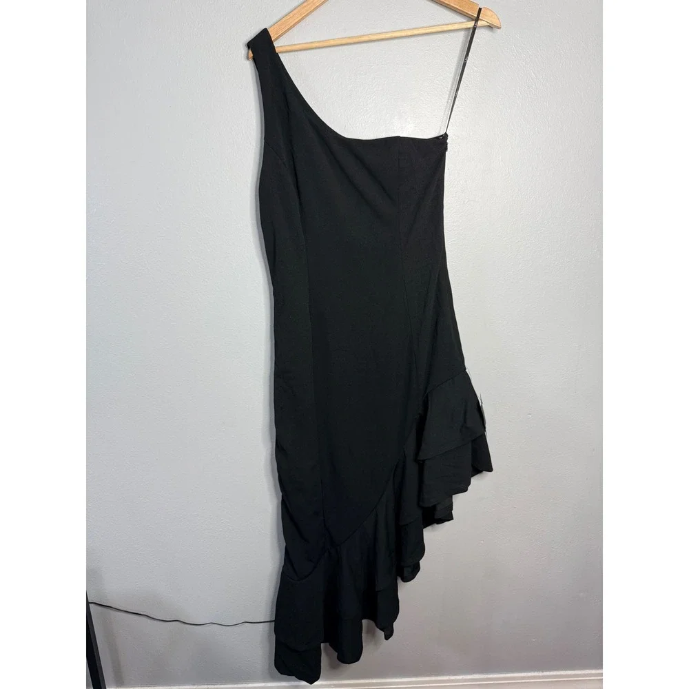 Lulus Steal a Glance Black One-Shoulder Asymmetrical‎ Midi Dress Large NWT